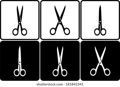 set of black and white scissors icons in frame