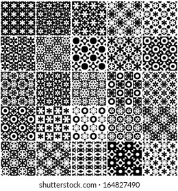 Set of black and white seamless background floral patterns.