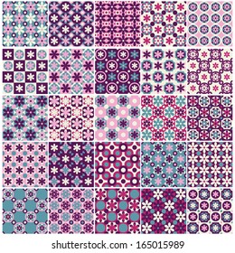 Set of black and white seamless background floral patterns.