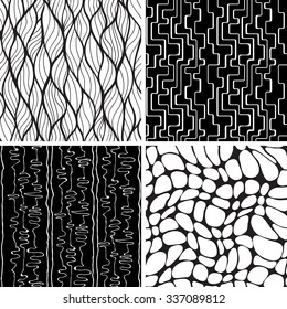 Set of black and white seamless backgrounds. Stylish pattern with curves lines, waves and blobs. Geometric ornaments.
