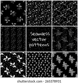 Set of black and white seamless floral hand drawn vector patterns