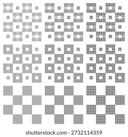 Conjunto de padrões geométricos sem costura preto e branco. Variações de padrões quadriculados com elementos de linha. Desenhos vetoriais planos infinitos.
