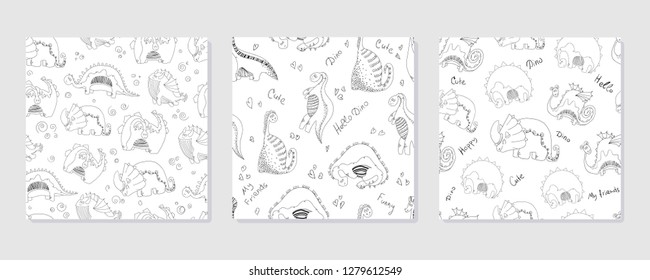 Set of black white seamless patterns with cute cartoon dinosaurs on a white background. Line drawing by hand, vector. Illustration for textile, print, kids clothes.