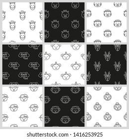 Set of black and white seamless patterns with doodle animal faces.