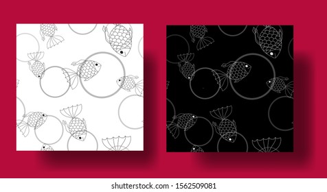 set of black and white seamless patterns with fish and circles, background, vector