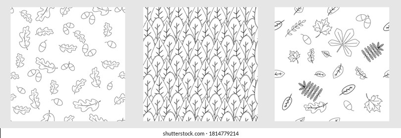 Satz von nahtlosen Schwarzweiß-Mustern. Schwarze Blätter auf weißem Hintergrund. Ahorn, Eichenbaum, Ahorn und andere Blätter. Einfarbiger Dodle-Blatt-Druck. Herbst-Vektorhintergrund.