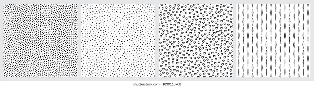 Set of black and white seamless patterns with hand drawn hearts, confetti, polka dot, sprinkles, and boho leaf motifs.