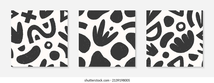 Set of black and white seamless patterns with hand drawn organic shapes,lines,doodles and elements.Natural forms.Vector trendy designs for prints,flyers,banners,fabric,invitations,branding,covers.