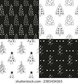 Set of black and white seamless patterns with doodle outline celestial fir trees, moon, stars.