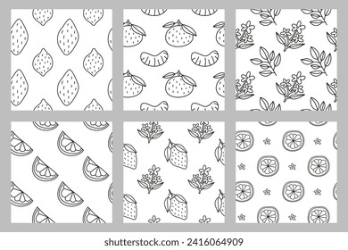 Set of black and white seamless patterns with cute doodle citrus fruits. Backgrounds with lemons, orange, tangerines, leaves.