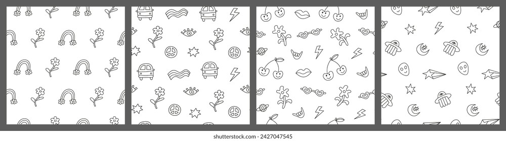 Set of black and white seamless patterns with doodle outline groovy icons in retro hippie style. Cute backgrounds with hipster symbols.
