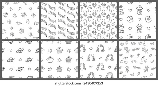 Set of black and white seamless patterns with doodle outline groovy icons in retro hippie style. Cute backgrounds with hipster symbols.