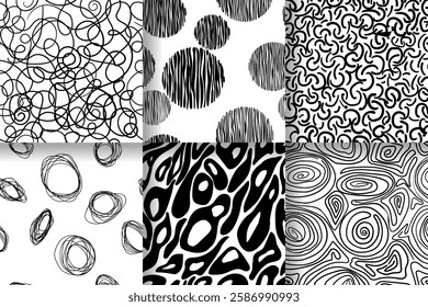 Set of black and white seamless patterns. Minimalism, simple shapes and lines, conciseness. Hand drawn pattern. Geometry and chaos. Vector