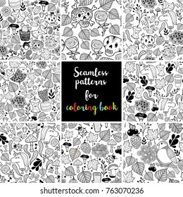 Set of black and white seamless patterns for coloring book. Vector wallpaper with birds, skulls and unicorns.