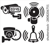 Set of black and white security and alarm icons featuring CCTV cameras with clocks and ringing bells silhouette vector illustration