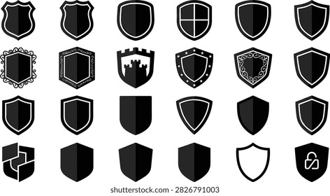 Set of black and white security shields icons with castle fortress and lock vector illustration