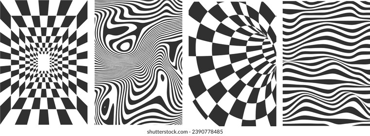 Set of black and white shapes, backgrounds with wave pattern. Templates for banner, cover, poster, postcard. Abstract black and white curved patterns isolated on white background. Optical 3D art