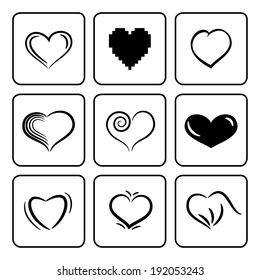 Set of black and white shapes of hearts