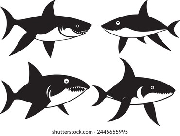 a set of black and white shark silhouette. This is shark icon set. this is an editable and printable high quality vector eps file.