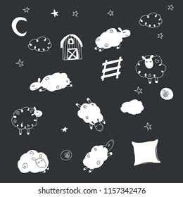 Set of black & white sheeps on a dark background. Vector illustration. Hand drawn.