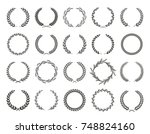 Set of black and white silhouette circular laurel foliate and oak wreaths depicting an award, achievement, heraldry, nobility. Vector illustration.
