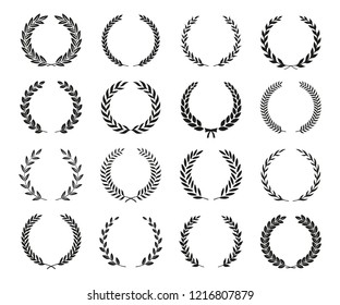 Set of black and white silhouette circular laurel foliate wreaths depicting an award, achievement, heraldry, nobility. Can be used as design elements in heraldry on an award certificate manuscript 