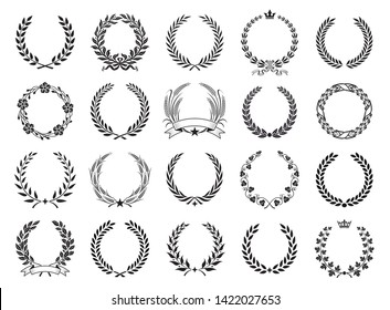 Set of black and white silhouette circular laurel foliate and oak wreaths depicting an award, achievement, heraldry, nobility.