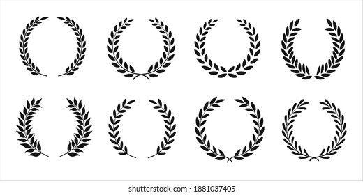 Set of black and white silhouette of circular laurel wreaths depicting award, achievement, heraldry, nobility. Vector illustration eps 10