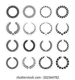 Set of black and white silhouette circular laurel foliate and wheat wreaths depicting.  Vector illustration. 