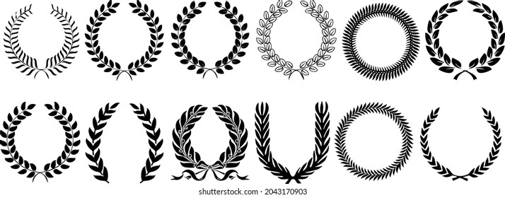 Set of black and white silhouette circular laurel foliate and oak wreaths depicting an award, achievement, heraldry, nobility. Vector illustration.