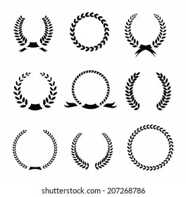 Set of black and white silhouette circular laurel  foliate and wheat wreaths depicting an award  achievement  heraldry  nobility and the classics  vector illustration