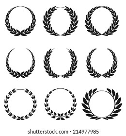 Set of black and white silhouette circular laurel foliate and wheat wreaths depicting an award achievement heraldry nobility and the classics vector illustration