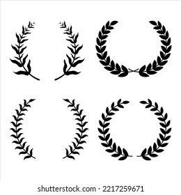 Set of black and white silhouette circular laurel foliate and oak wreaths depicting an award, achievement, heraldry, nobility. Vector illustration.