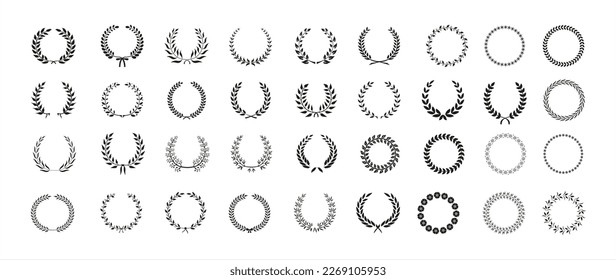 Set of black and white silhouette circular laurel foliate and oak wreaths depicting an award, achievement, heraldry, nobility. Vector illustration 10 eps.