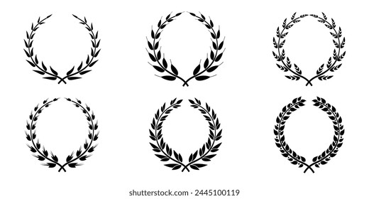 Set of black and white silhouette circular laurel foliate and oak wreaths. Foliate award wreath for cinema festival.Vector illustration. Vector illustration.