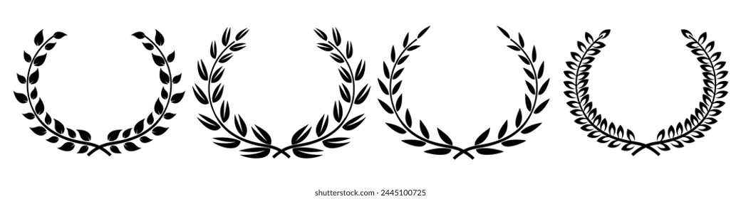 Set of black and white silhouette circular laurel foliate and oak wreaths depicting an award. Foliate award wreath for cinema festival.Vector illustration.