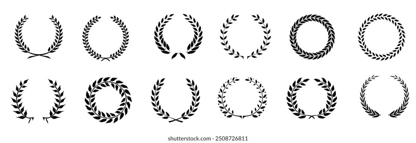 Set of black and white silhouette circular laurel foliate and wheat wreaths depicting an award achievement