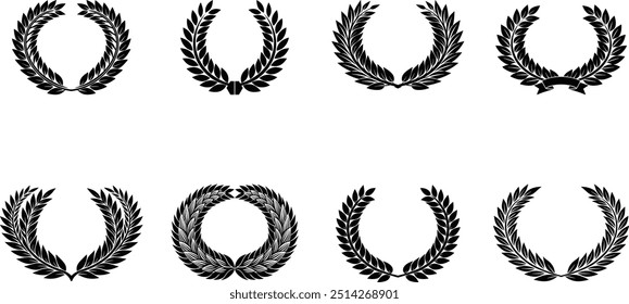 Conjunto de silueta en blanco y negro circular de laurel y coronas de trigo que representan un logro de premio