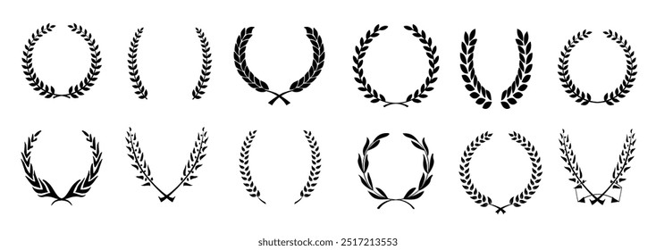 Set of black and white silhouette circular laurel foliate and oak wreaths depicting an award, achievement, heraldry, nobility. Vector illustration