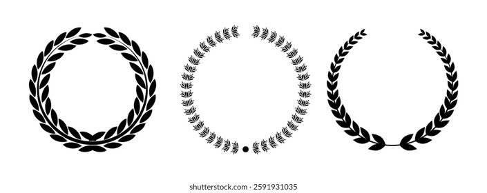 Set of black and white silhouette circular laurel foliate and oak wreaths depicting an award, achievement, heraldry, nobility.