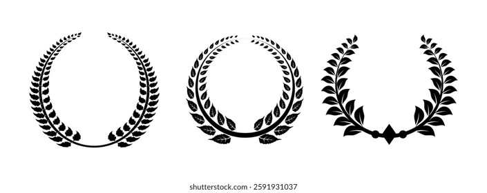 Set of black and white silhouette circular laurel foliate and oak wreaths depicting an award, achievement, heraldry, nobility.