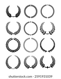 Set of black and white silhouette circular laurel foliate and oak wreaths depicting an award, achievement, heraldry, nobility.