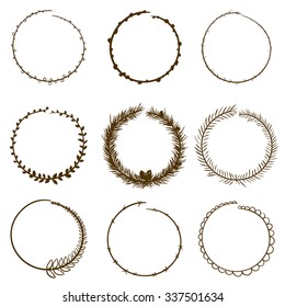 Set of black and white silhouette circular laurel foliate and wheat wreaths depicting an award achievement heraldry nobility and the classics vector illustration