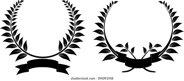 Set of black and white silhouette circular laurel foliate