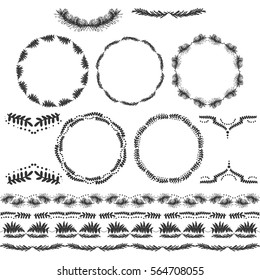Set of black and white silhouette circular laurel foliate wheat wreaths.