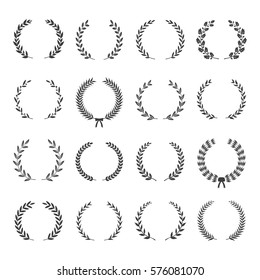 Set of black and white silhouette circular laurel foliate and oak wreaths depicting an award, achievement, heraldry, nobility. Vector illustration.