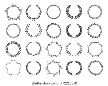 Set of black and white silhouette circular laurel foliate and oak wreaths depicting an award, achievement, heraldry, nobility. Vector illustration.