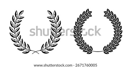 Set of black and white silhouette circular laurel foliate and oak wreaths depicting an award