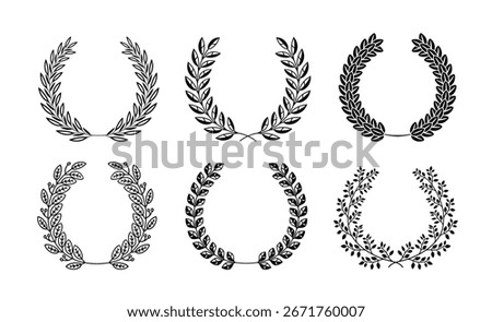 Set of black and white silhouette circular laurel foliate and oak wreaths depicting an award