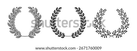 Set of black and white silhouette circular laurel foliate and oak wreaths depicting an award